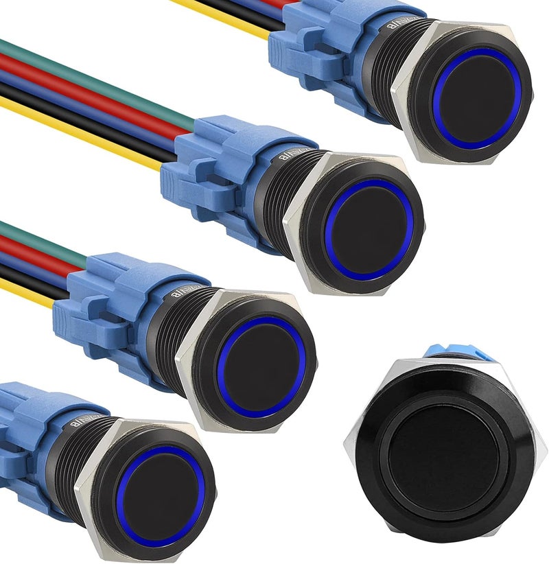 STARELO 5pcs 16mm Latching led Push Button Switch Black Shell, IP65 Waterproof Push Button Switch,1NO 1 NC with Wire Socket Plug,Self-Locking with LED(Blue). - Image 1